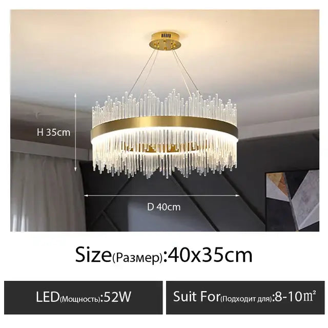 Luxury gold decorbites crystal led chandelier with clear prisms and LED light source for elegant dining room lighting