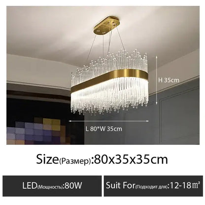 Luxury gold decorbites crystal led chandelier with gold-toned oval frame and cascading clear glass prisms for dining room light
