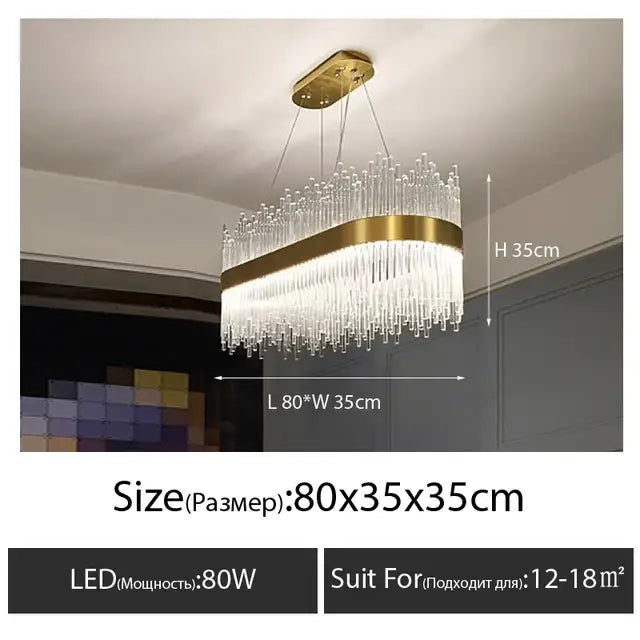 Luxury gold decorbites crystal led chandelier with gold-toned oval frame and cascading clear glass prisms for dining room light