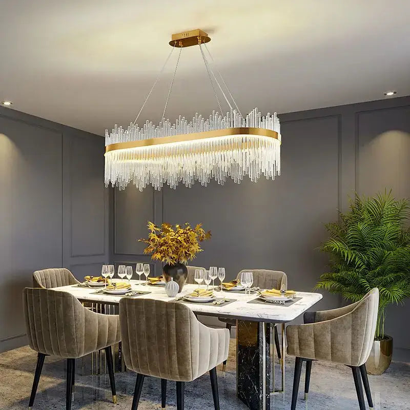 Luxury gold decorbites crystal led oval chandelier with cascading clear crystal prisms for dining room light