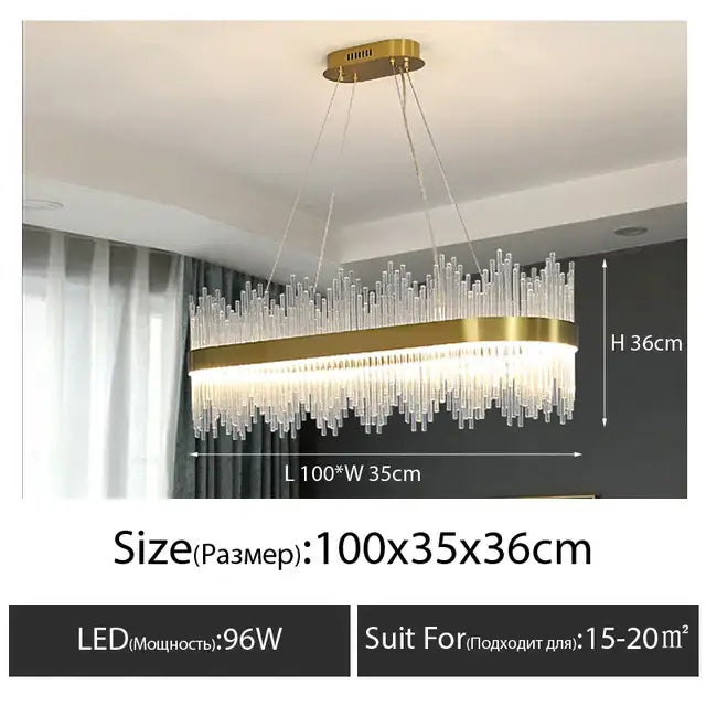 Luxury gold decorbites crystal led oval chandelier with clear crystal rods and brass frame for dining room lighting