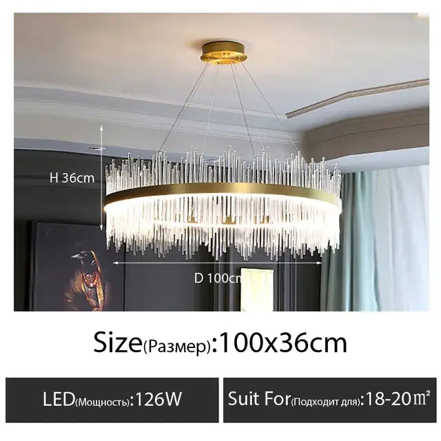 Luxury gold decorbites crystal led chandelier with gold-toned circular frame and cascading clear crystal prisms for dining room light