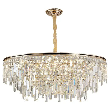 Luxury gold decorbites crystal led chandelier with a gold metal frame and cascading clear prismatic crystals for living room