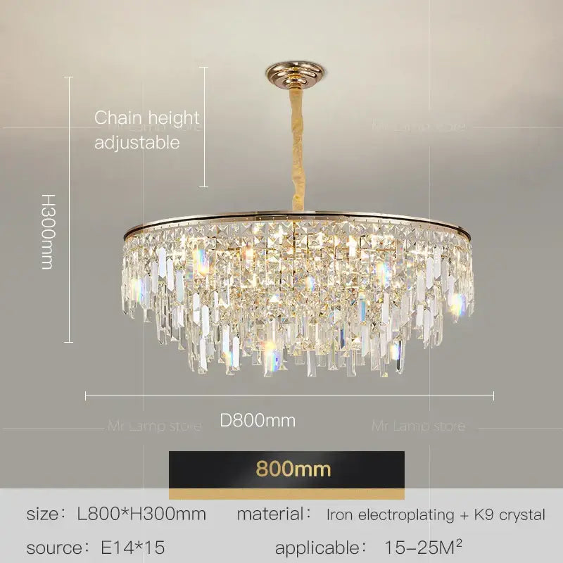 Luxury gold decorbites crystal led chandelier with gold-toned iron frame and cascading k9 crystal prisms for living room