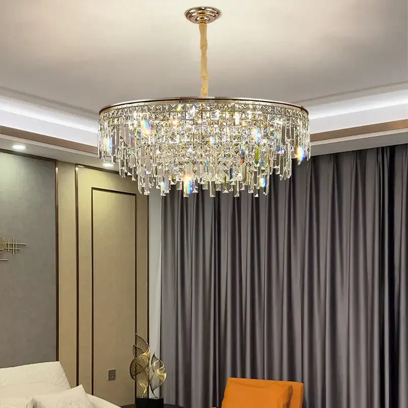 Luxury decorbites crystal led chandelier with gold-toned metal frame and clear faceted crystals for living room