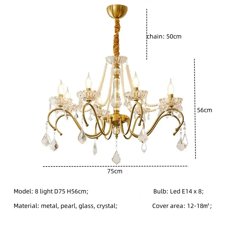 Luxury gold decorbites crystal led chandelier with intricate metal arms, crystal droplets, and pearl accents for living room