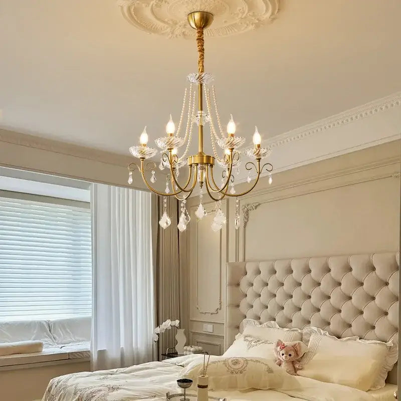 Luxury gold decorbites crystal led chandelier with clear crystal droplets and ornate arms for living room pendant light