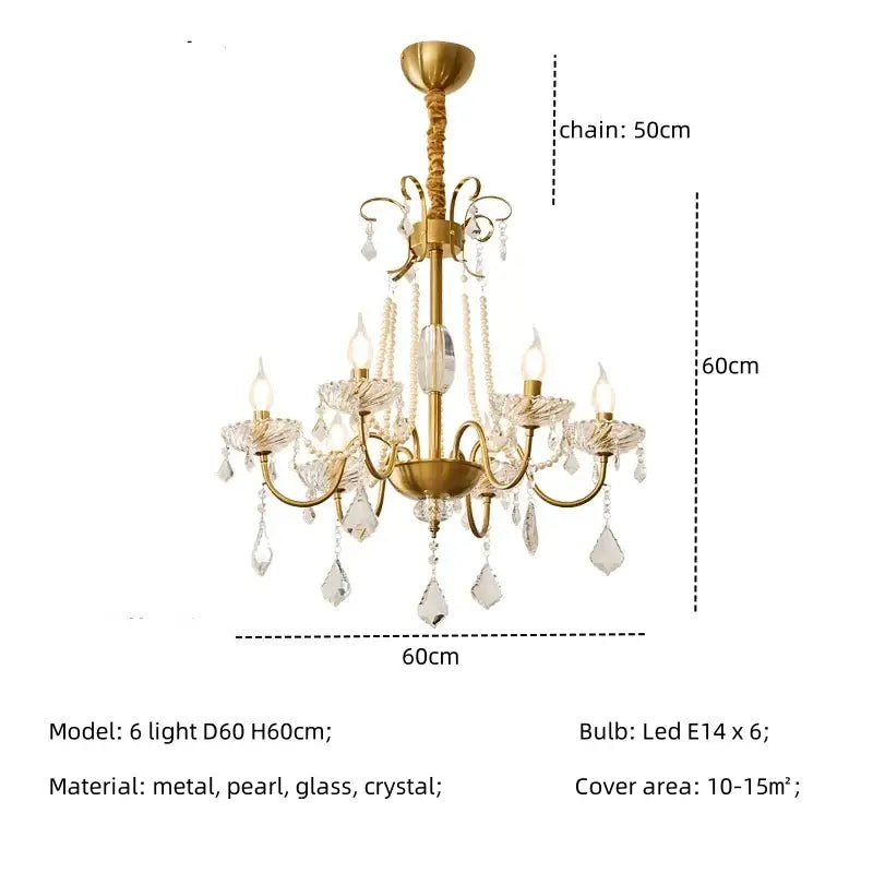 Luxury gold decorbites crystal led chandelier with six arms, crystal droplets, and glass shades for living room lighting