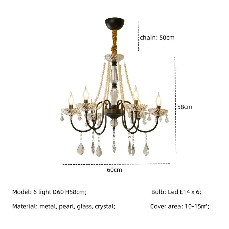 Elegant black metal decorbites crystal led chandelier with pearl accents and six led lights for living room decor