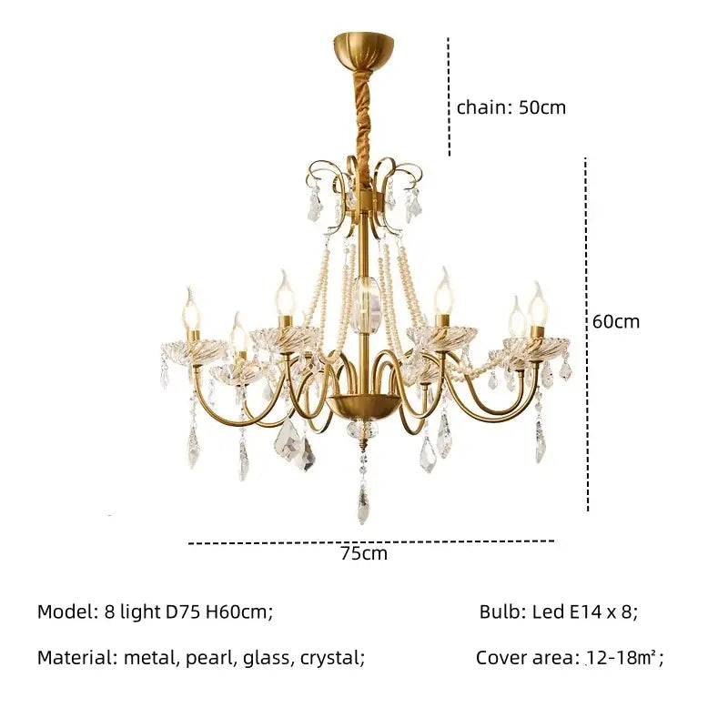 Luxury gold decorbites crystal led chandelier with eight arms crystal droplets and pearl accents for living room lighting