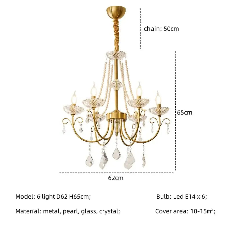 Luxury gold decorbites crystal led chandelier with six arms, crystal droplets, and glass shades for living room lighting