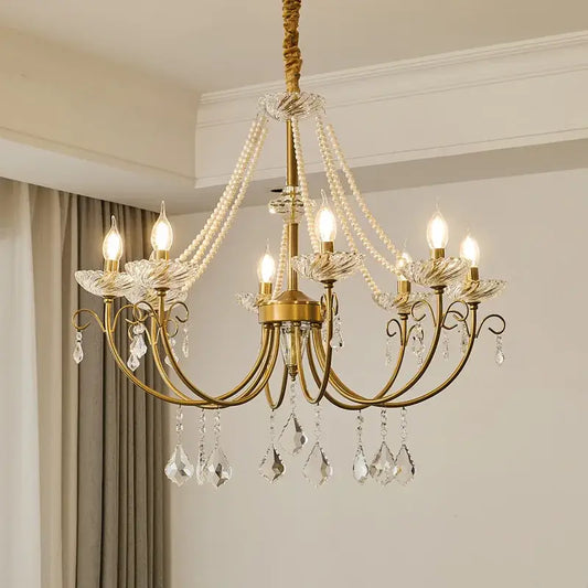 Luxury gold decorbites crystal led chandelier with six candle-style bulbs and crystal droplets for living room pendant light