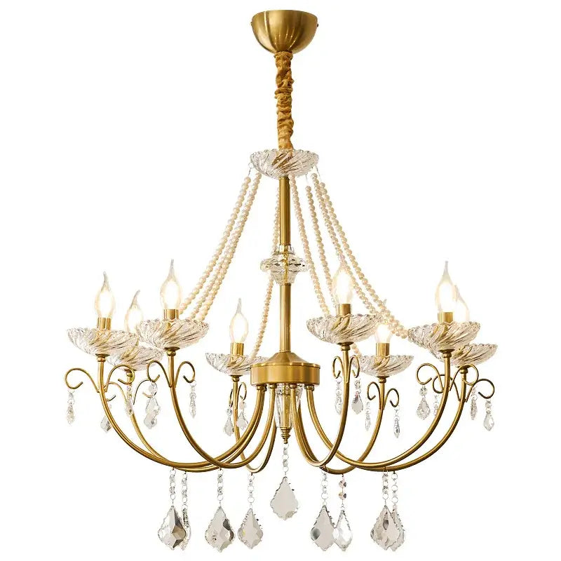 Luxury gold decorbites crystal led chandelier with crystal accents and pearl-like beads for living room pendant light