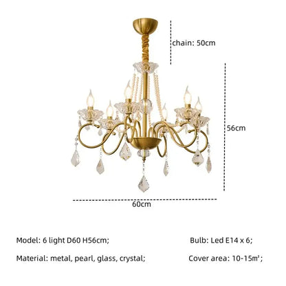 Luxury gold decorbites crystal led chandelier with six candle-style led lights and pearl-like beads for living room decor