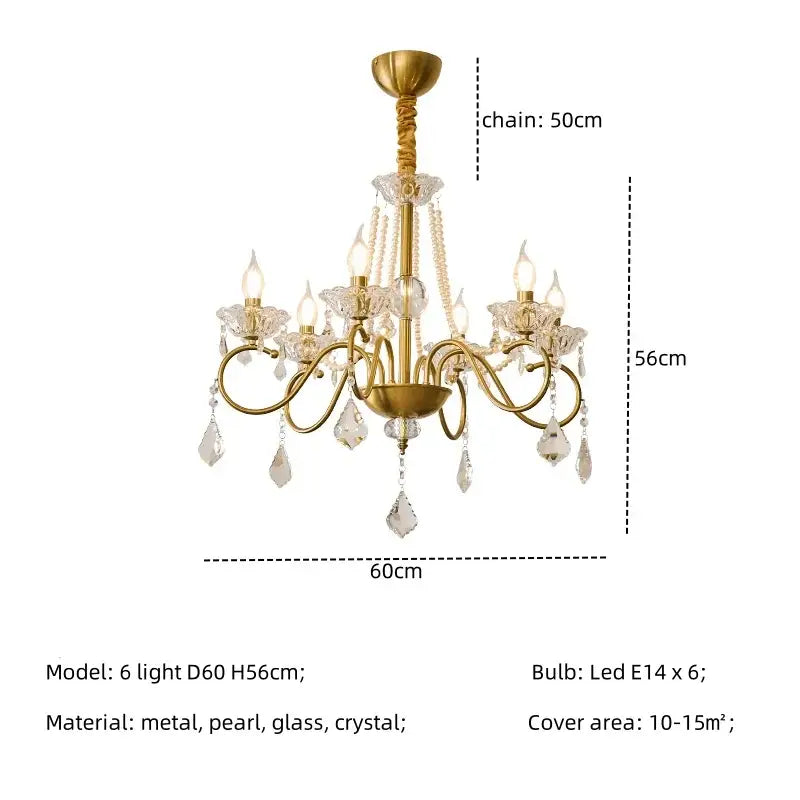 Luxury gold decorbites crystal led chandelier with six candle-style led lights and pearl-like beads for living room decor