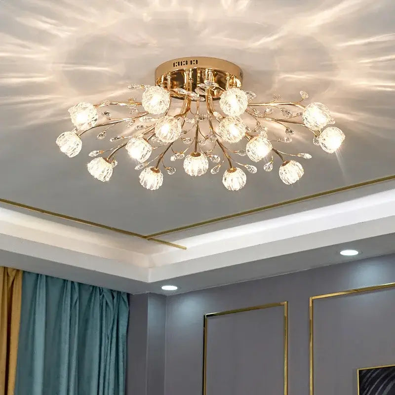 Luxury gold dendritic crystal ceiling lamp with flower-like bulbs and delicate branches for dining room decorbites ceiling lamp