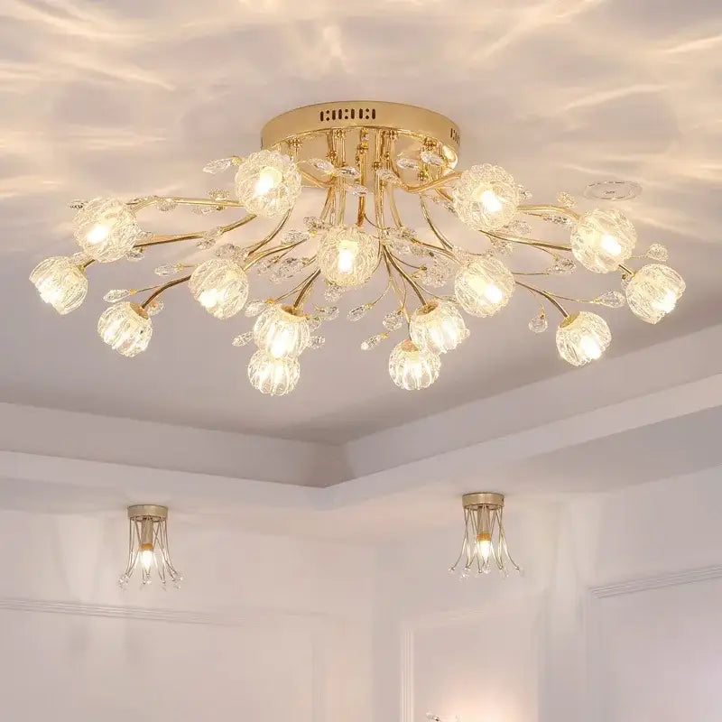 Luxury gold dendritic crystal ceiling lamp with flower-like bulbs and branch design for dining room decorbites ceiling lamp