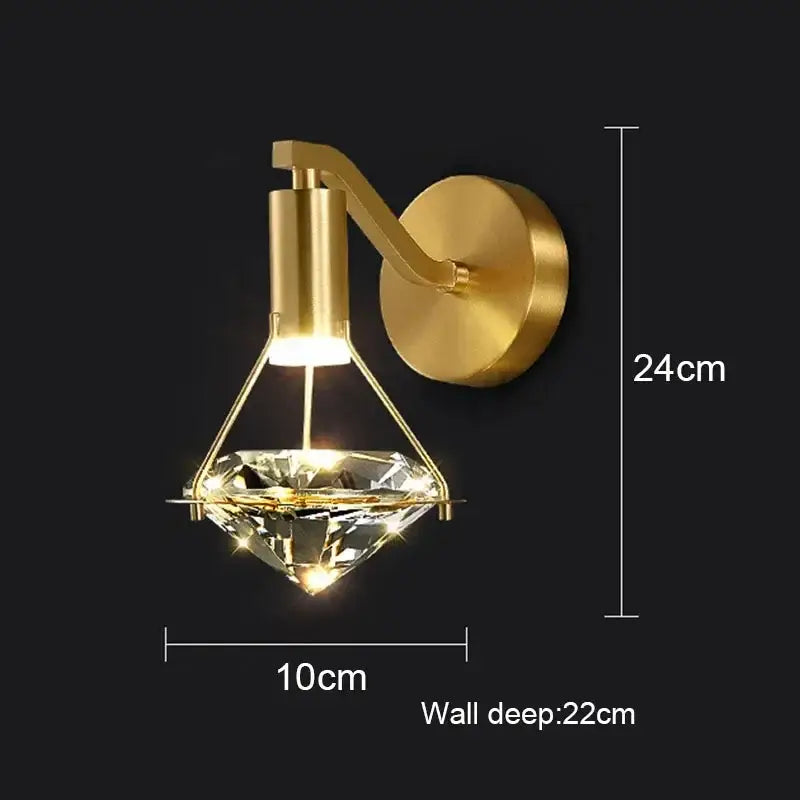 Luxury gold diamond crystal wall lamp featuring a gold-finished wall sconce with a crystal pendant for living room use