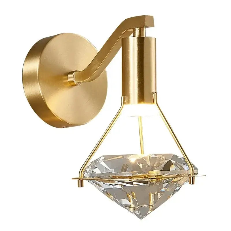 Luxury gold wall lamp with faceted diamond crystal shade designed as a crystal wall lamp for living room use