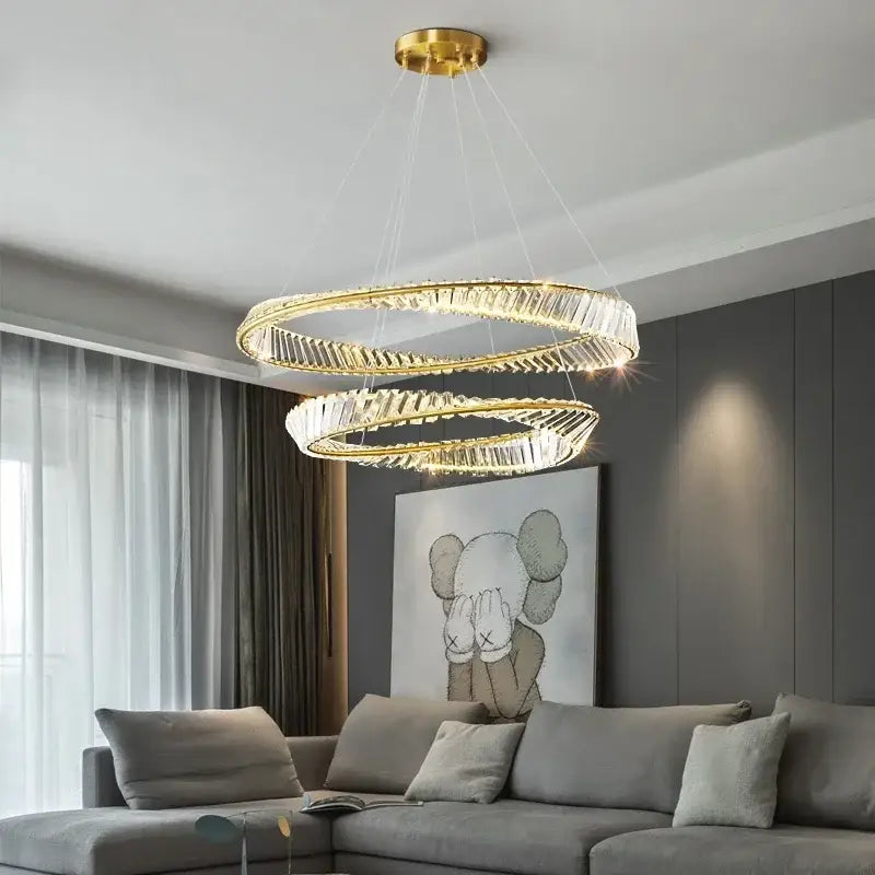 Luxury gold dna spiral double-ring chandelier with crystal accents for elegant living room decorbites dna spiral design