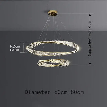 Luxury gold dna spiral crystal chandelier with interlocking rings and faceted crystals emitting warm white light