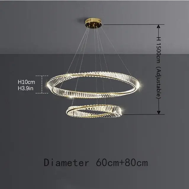 Luxury gold dna spiral crystal chandelier with interlocking rings and faceted crystals emitting warm white light