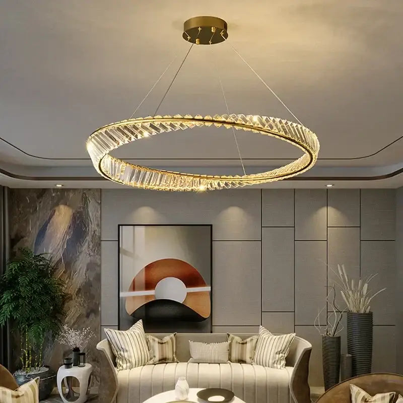 A modern gold-toned dna spiral crystal chandelier with faceted crystals for luxury living room decorbites dna spiral lighting