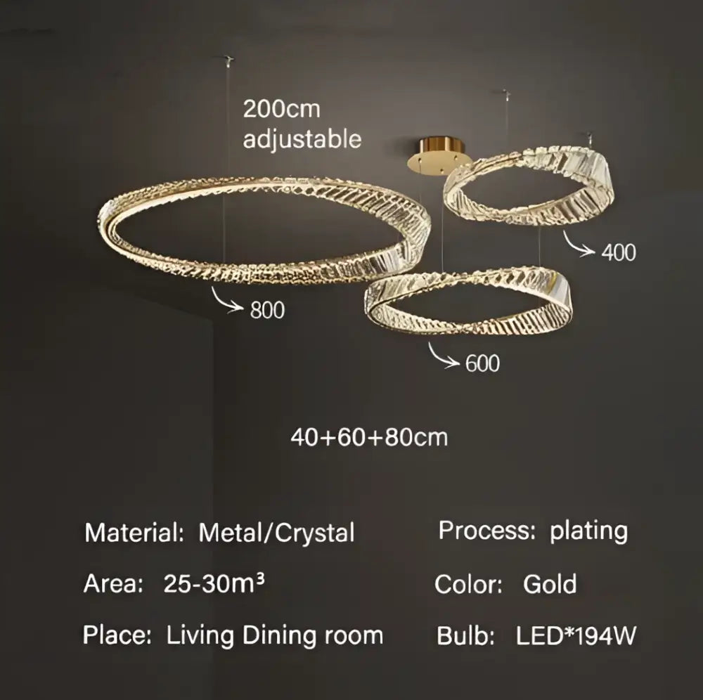 Luxury gold dna spiral crystal chandelier with three adjustable gold-plated metal rings for living room decorbites dna spiral