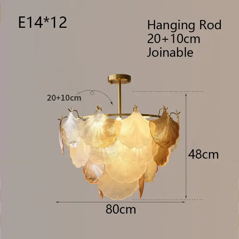 Luxury gold glass shell ceiling pendant light featuring tiered translucent leaf-shaped shades on brass rod