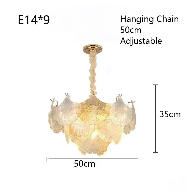 Luxury gold glass shell ceiling pendant light with delicate translucent glass and adjustable hanging chain for bedroom