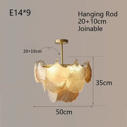 Luxury gold glass shell ceiling pendant light with layered translucent leaf-shaped glass shades in cascading design