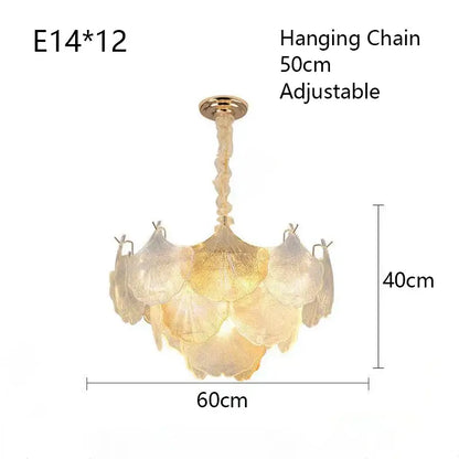 Luxury gold glass shell ceiling pendant light with delicate translucent glass and adjustable hanging chain for bedroom