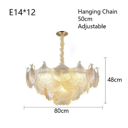 Elegant gold glass shell ceiling pendant light with delicate translucent leaf-shaped shades for bedroom use