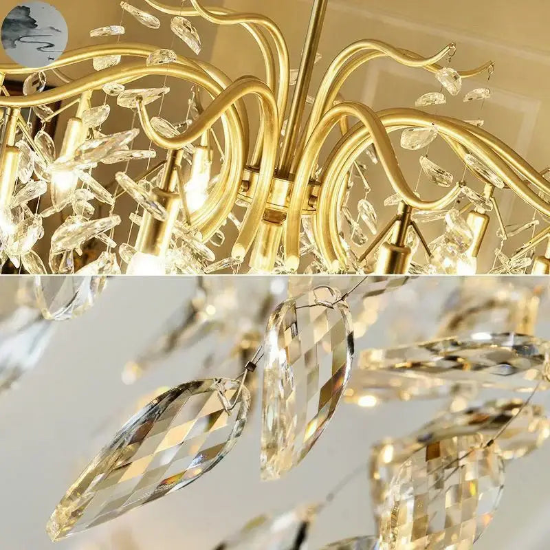 Luxury gold leaf decorbites crystal led chandelier with golden brass curved arms and faceted crystal droplets for living room lighting