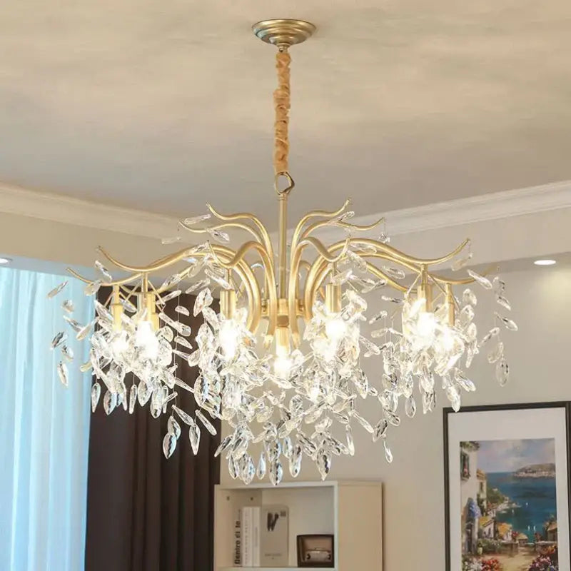 Luxury gold leaf decorbites crystal led chandelier with intricate leaf shaped crystal droplets for living room light
