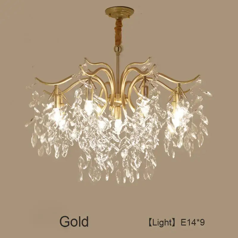 Luxury gold decorbites crystal led chandelier with intricate leaf arms and cascading clear crystal droplets for living rooms