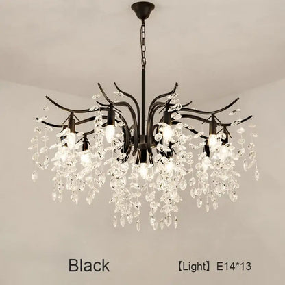 Black wrought iron decorbites crystal led chandelier with cascading crystal droplets for luxury living room decor