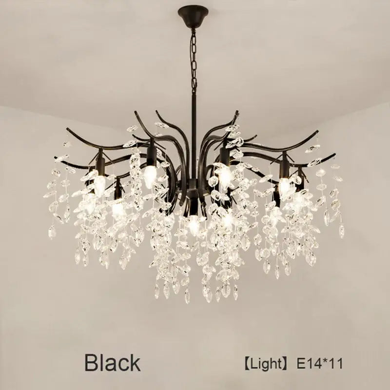Luxury gold leaf decorbites crystal led chandelier featuring black wrought iron frame with cascading crystal droplets for living room