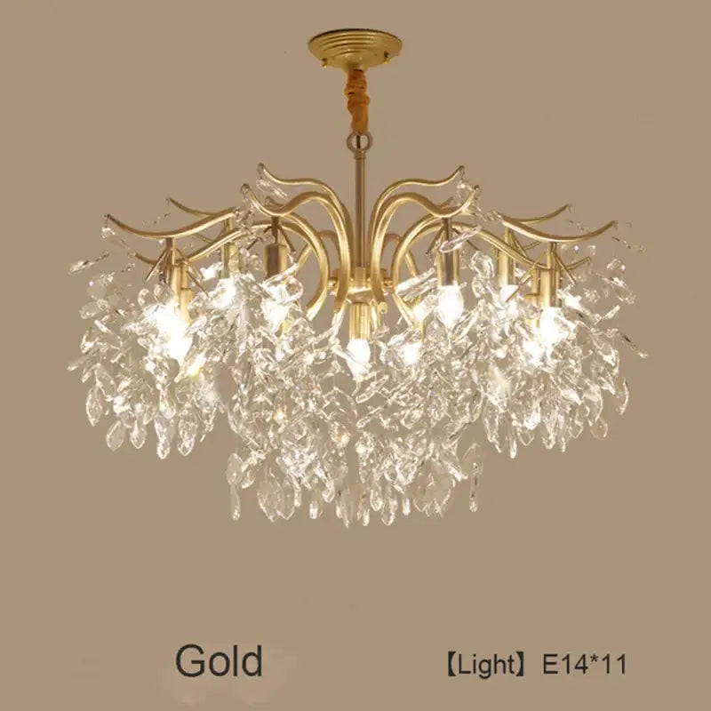 Luxury gold leaf decorbites crystal led chandelier with intricate branching arms and cascading clear crystal droplets for living room light