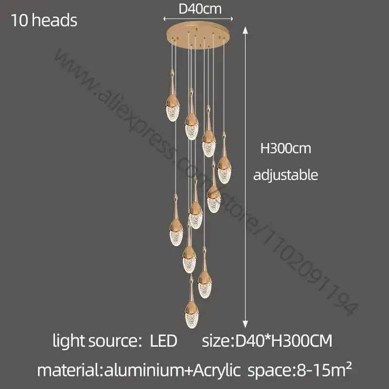 Luxury gold led staircase chandelier with ten crystal teardrop light heads suspended from aluminum mount by decorbites gold led