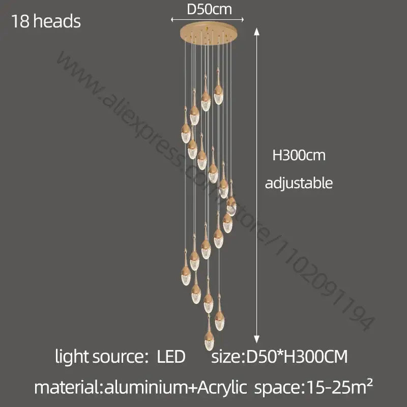 Luxury gold led staircase chandelier featuring 18 adjustable teardrop led heads on a circular aluminum decorbites gold led base