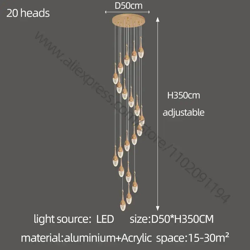Luxury gold led staircase chandelier featuring 20 adjustable crystal heads on a circular aluminum base decorbites gold led design