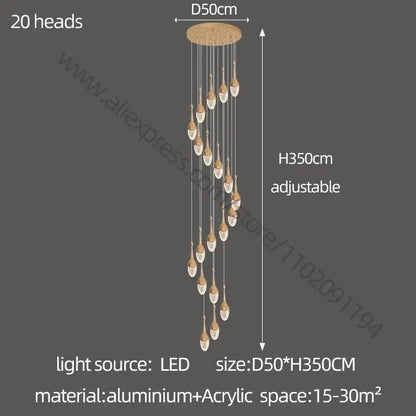 Luxury gold led staircase chandelier featuring 20 adjustable crystal heads on a circular aluminum base decorbites gold led design