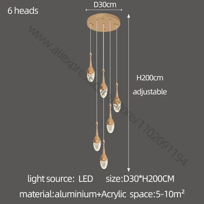 Luxury gold led staircase chandelier with six crystal-encrusted teardrop lights on a circular aluminum mount decorbites gold led