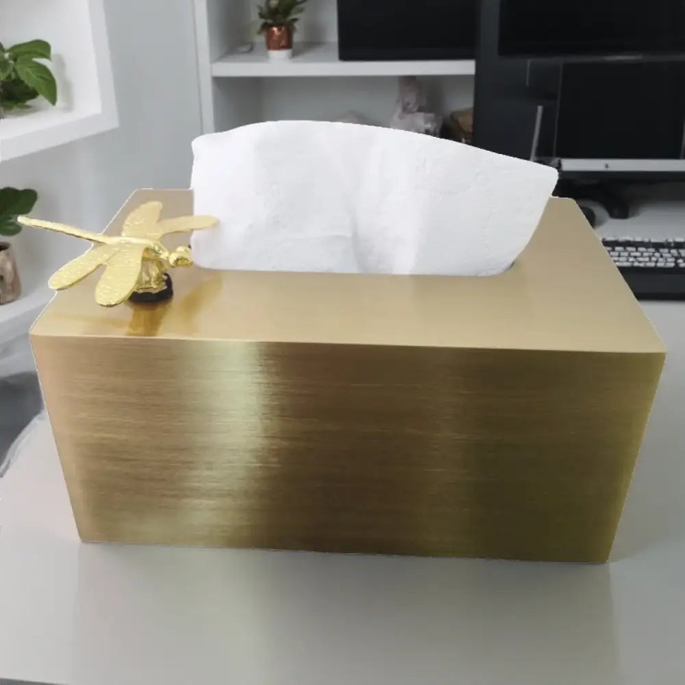 Luxury gold metal tissue box with decorative dragonfly ornament for elegant living room storage and decor