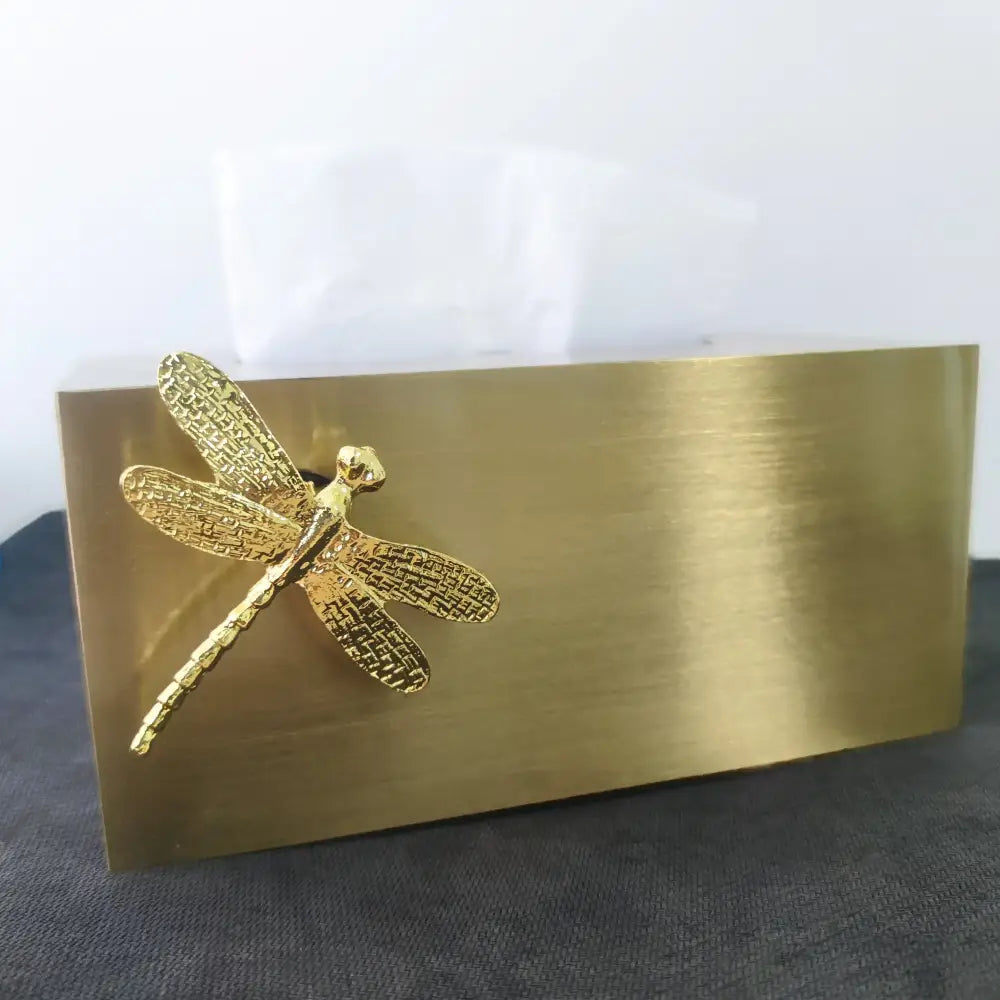 Luxury gold metal brass tissue box with detailed dragonfly ornament for elegant living room storage and decor
