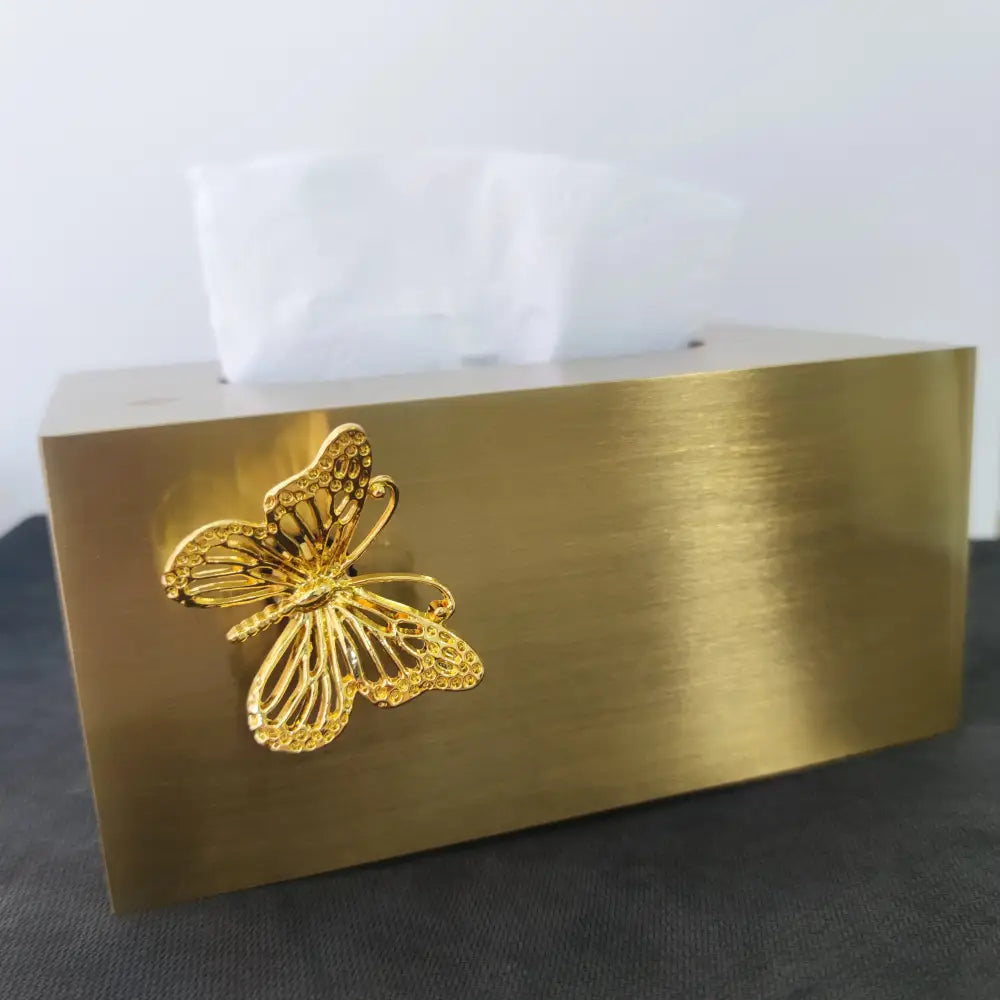 Luxury gold metal rectangular tissue box with decorative butterfly ornament for living room storage