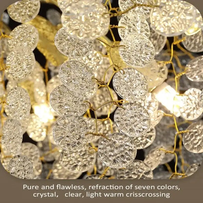 Luxury gold money tree crystal chandelier featuring clear textured crystal discs suspended by gold-toned wire for living room