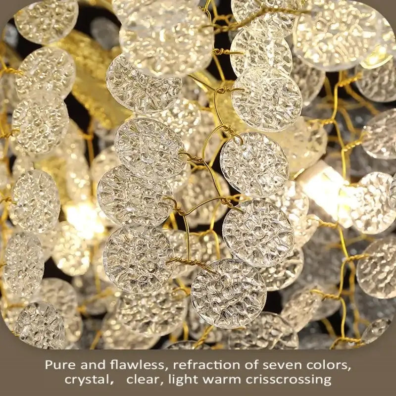 Luxury gold money tree crystal chandelier featuring clear textured crystal discs suspended by gold-toned wire for living room
