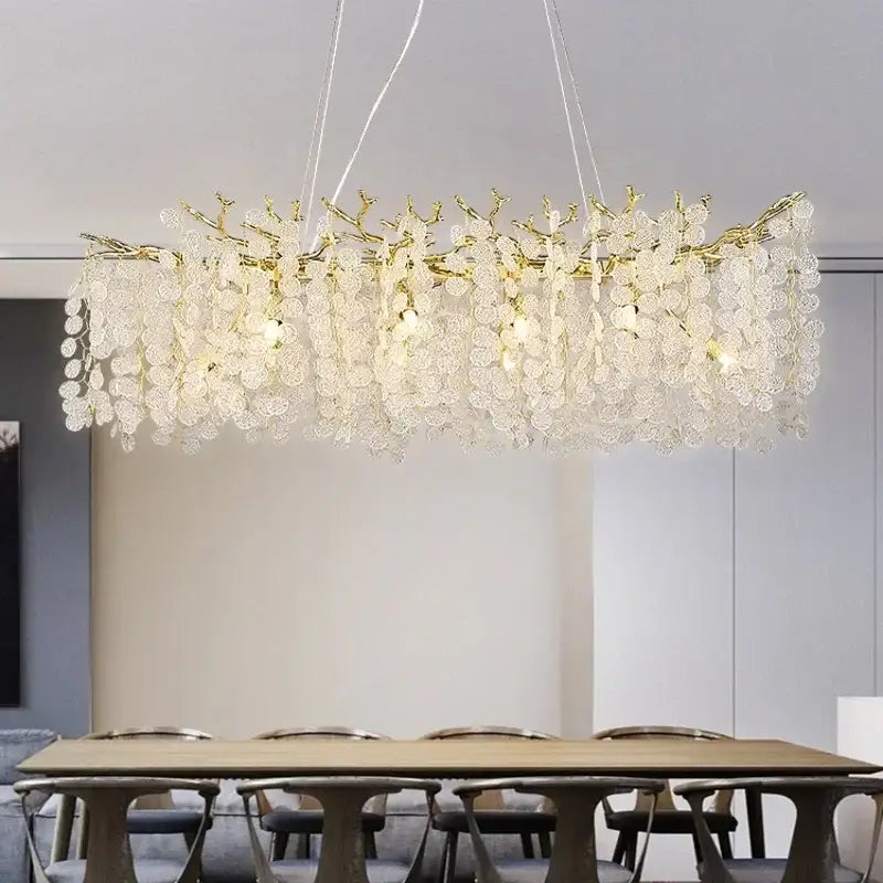 Elegant gold money tree crystal chandelier with cascading clear leaf-like pendants for luxury living room decor